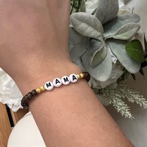 Wood bead “mama” bracelet. Stretchy elastic fits standard women’s wrist